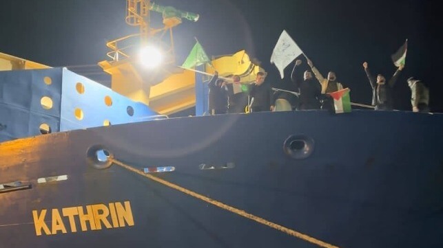 Protestors on cargo ship bow