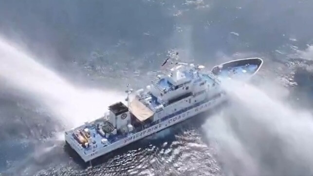 Two China Coast Guard cutters on a "rights protection" mission water-cannon a Philippine cutter in the Philippine EEZ (Courtesy PCG)