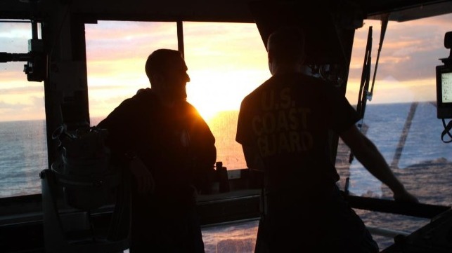 Bridge crew on Coast Guard buoy tender