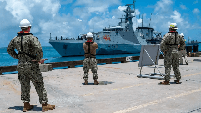 The Royal Navy patrol vessel HMS Tamar calls Diego Garcia, February 2023. The naval station at Diego Garcia is an asset for both U.S. and UK forces (USN)