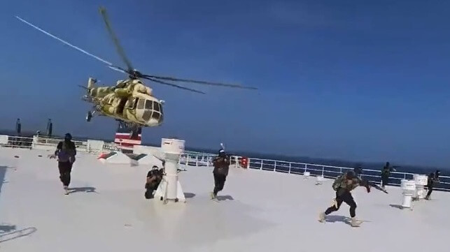 Houthi fighters land on the deck of the Galaxy Leader, Nov. 19, 2023 (Houthi Military Media)