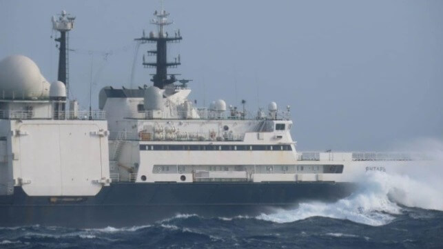 The Russian spy ship Yantar off Portugal. Yantar is a subsea survey and intervention ship with a deep-diving submersible (Marinha Portuguesa)