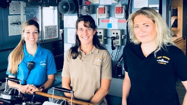 From left to right: Chief Officer is Alaina Basciano, Captain Kristin Mangold and Second Officer Alexandra Hagerty