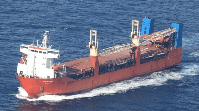 Russian military cargo ship Baltic Leader under way off Portugal, headed for the Mediterranean, January 2 (Portuguese Air Force)