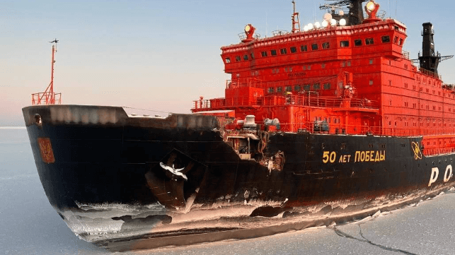 Collision damage extending down from the main deck level on 50 Let Pobedy's port bow (Anton Geraschenko)