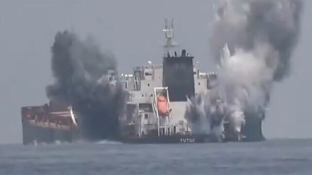 Houthi forces detonate charges to sink the bulker Tutor in the Red Sea, January 2024 (Houthi Military Media file image)